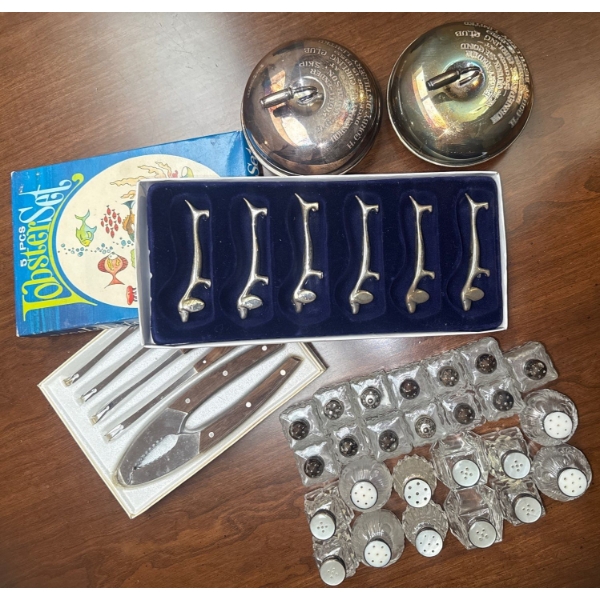 Vintage Silverplated Table Accessories - Dog Knife Stands Lobster Set S+P Shakers