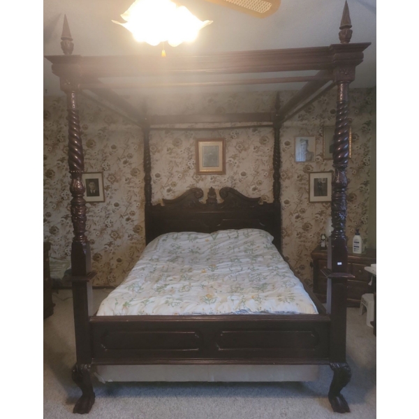 Antique Art Nouveau Ornate Wooden Bed Frame w/ Bed - 68W, 91D, 94T 