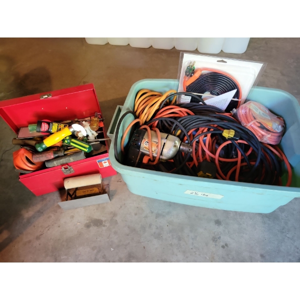 Tote Full Of Extention Cords w/ Metal Tool Box & Contents