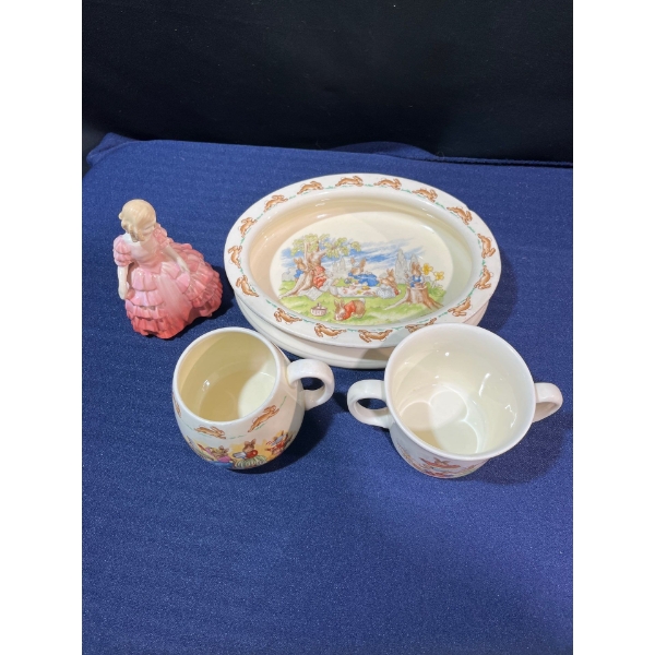 Royal Doulton "Bunnykins" Dishes & "Rose" Figure