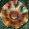 Image 5 : Iridescent Carnival Glass Ruffled Bowl, Decanter & Frosted Bottle-Marigold Carnival Gls