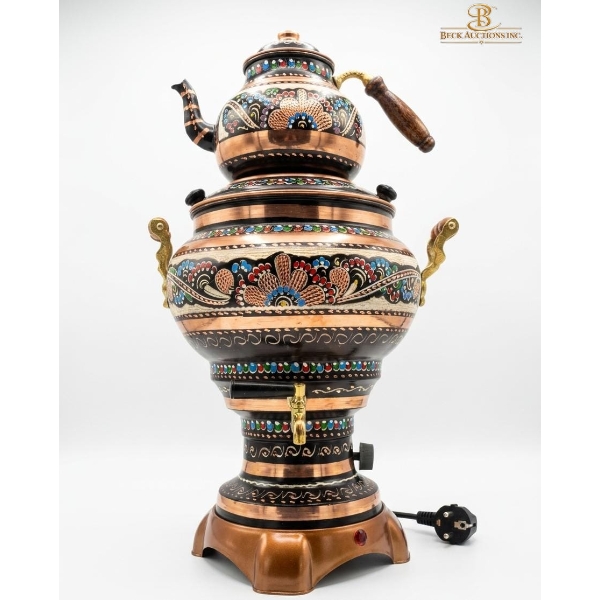  Decorative Turkish Samovar Copper & Adorned With Intricate Floral Engravings & Colorful Decorative.