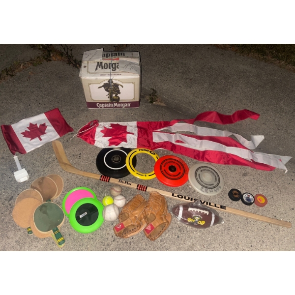 Hobby/Activity Assortment - Canadian Wind Sock Badmenton Paddles w/ Net Baseball Gloves & More