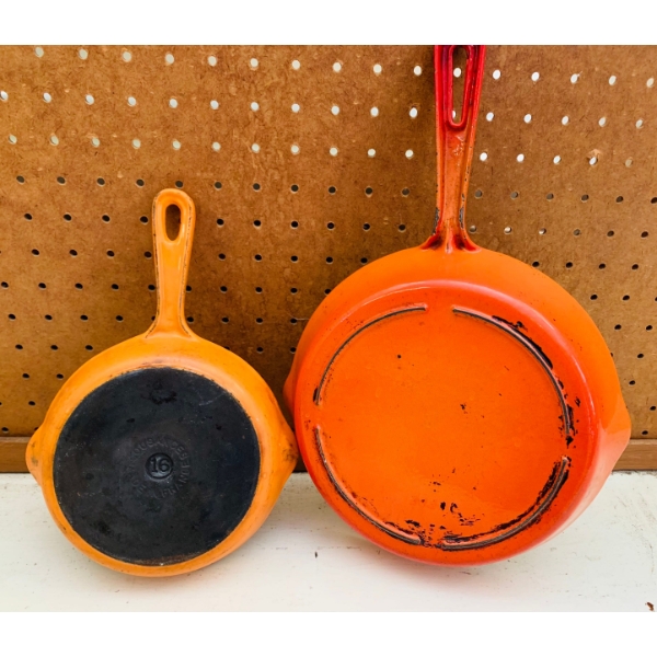 Vintage Vibrant Orange Enamel Cast Iron Frying Pan Set
