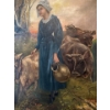 Image 2 :  F. Briggs, 1801, Antique Guernsey Cow & Milkmaid Oil on Canvas  w/ Golden Frame - 38.5x49