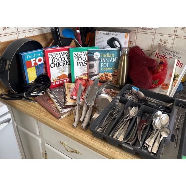 Assorted Kitchen Items & Cook Books  Cutlery Set Included  Cuisinart Knife Set, Company's Coming Boo