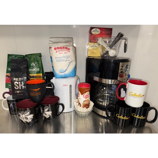 Complete Coffee/Tea Station Set Up w/Multiple Coffee Flavors & Assorted Mugs
