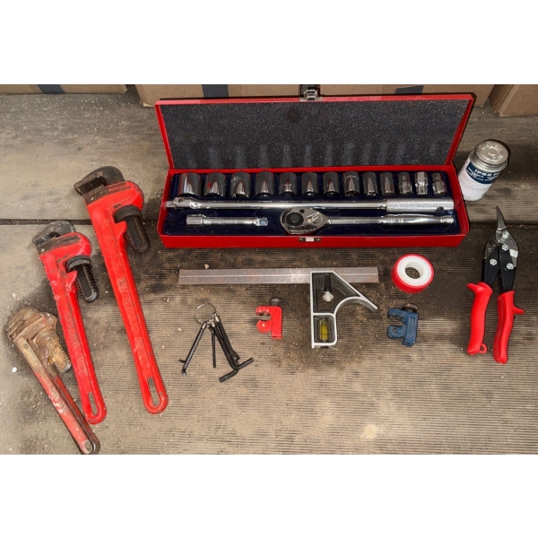 Plumbing Essentials - Pipe Wrenchs Pipe Cutters Socket Set Tin Snips Teflon Tape Pex Seal & More