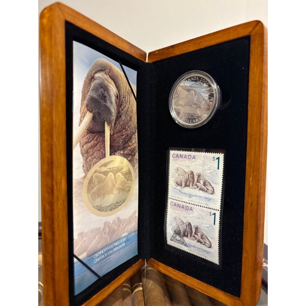 2005 $5 Canadian Wildlife: Atlantic Walrus and Calf - Pure Silver Coin and Stamp Set