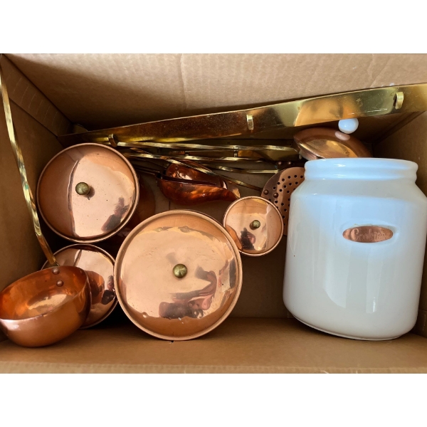 Large collection of vintage copper pots ladles spoons tens holder for all the utensils