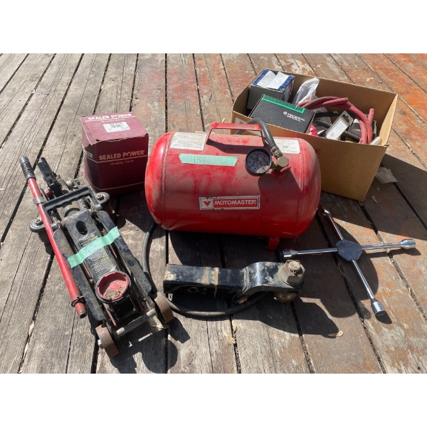 Air Strage Tank, Floor Jack, Trailer Hitch, Assorted Tools and Parts.