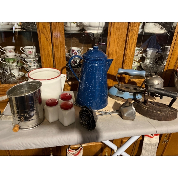  two antique irons, enamel coffee, pot, enamel teapot and enamel salt and pepper shaker along with s
