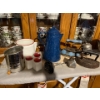 Image 1 :  two antique irons, enamel coffee, pot, enamel teapot and enamel salt and pepper shaker along with s