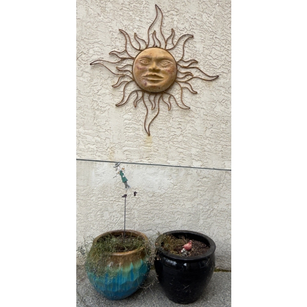 Metal Sun-Faced Outdoor Decor w/ Heavy Duty Glass Planters/Pots For Plants
