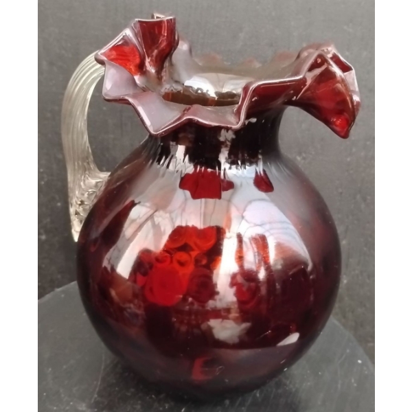 Artful Ruby Coin Dot Pitcher, Minor Chip On Ruffle 