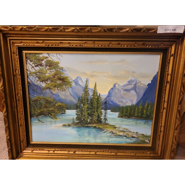 Framed Mountain & Lake Painting 32 w 26 1/2 h