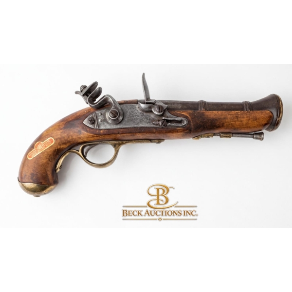 Antique Flintlock Pistol Replica In Wood And Brass, Rare Copy Of A Naval Pistol, Made In Spain 