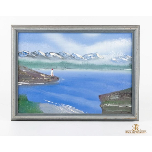 Landscape Painting A Lighthouse Set Against A Backdrop Of Mountains And A Blue Body Of Water 15''*12
