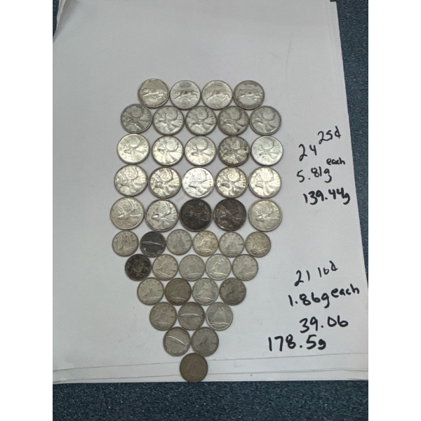 collection of Canadian 25 cents and Canadian 10 cents all 80% silver 178g Total weight .
