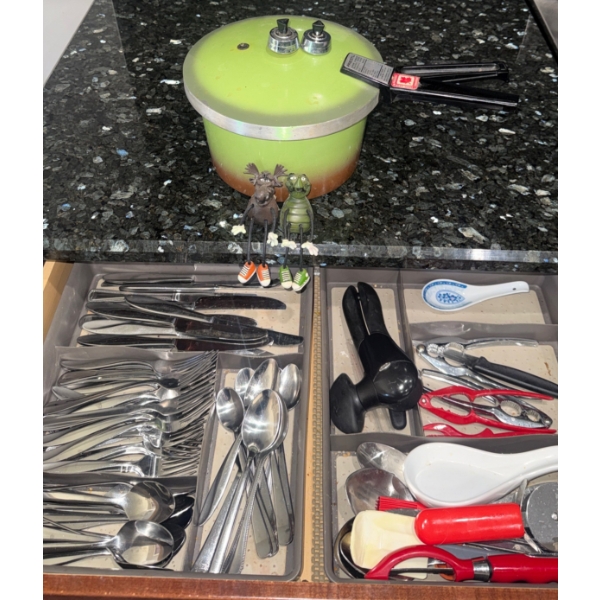Stainless Steel Utensil Collection w/ Vintage Pressure Cooker & Decorative Magnets 