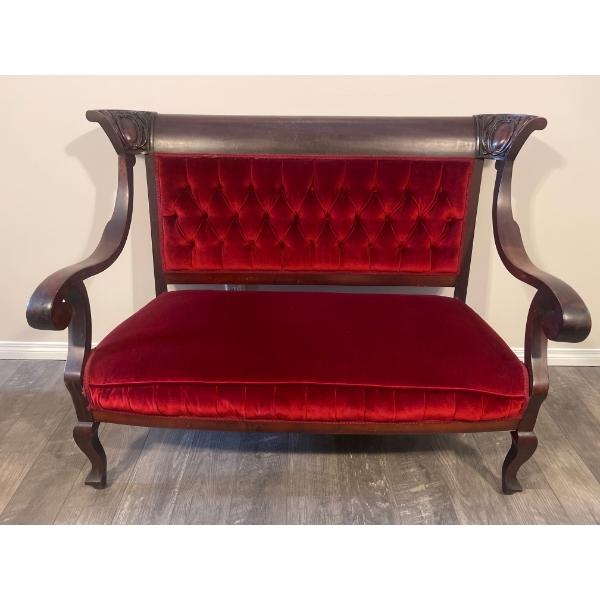 18th Century French Hand Carved Mahogany Upholstered Sofa 52x31x40 Empire Style Scarlet