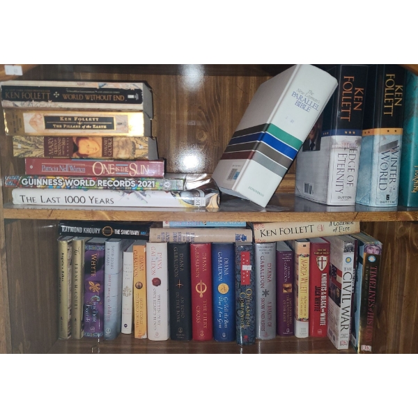 Contents of Shelves- Assorted Books: Authors: Diana Gabaldin, Ken Follett, Non-Fiction  and More!