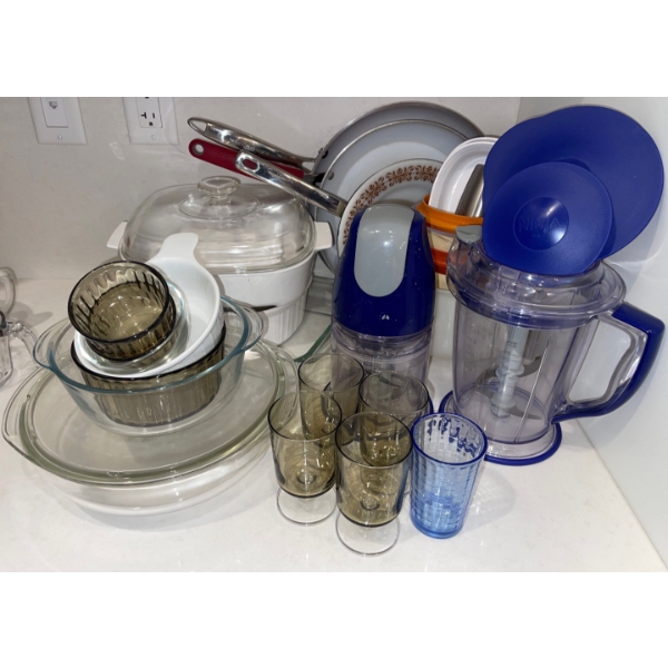 Corningware, Frying Pans, Pyrex, Ninja Magic Bullet w/Attachments plus Cups Bowls Casserole Dishes