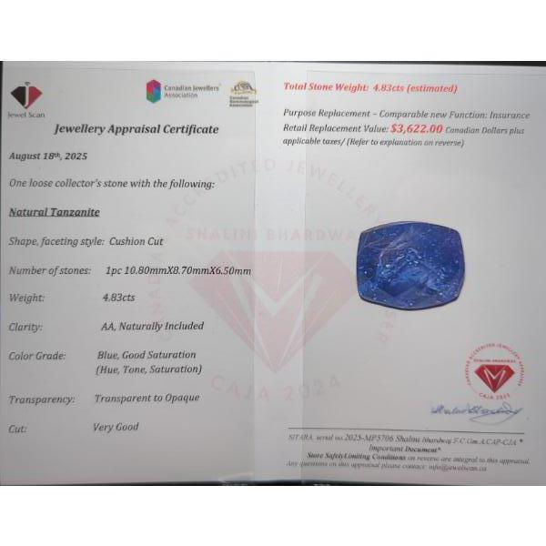 4.83 ct Certified Purp/Blue Tanzanite gemstone ($3,623 Appraisal)