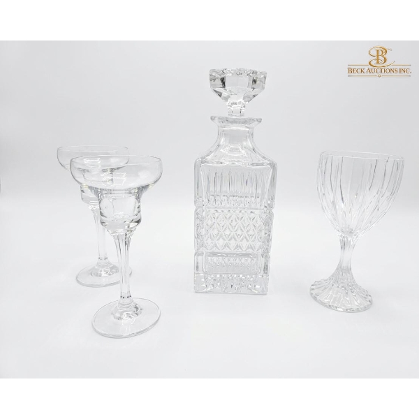 Vintage Bohemia Crystal Decanter 10''HEIGHT, Crystal Candle Stick Holders And Wine Glass 7''HEIGHT