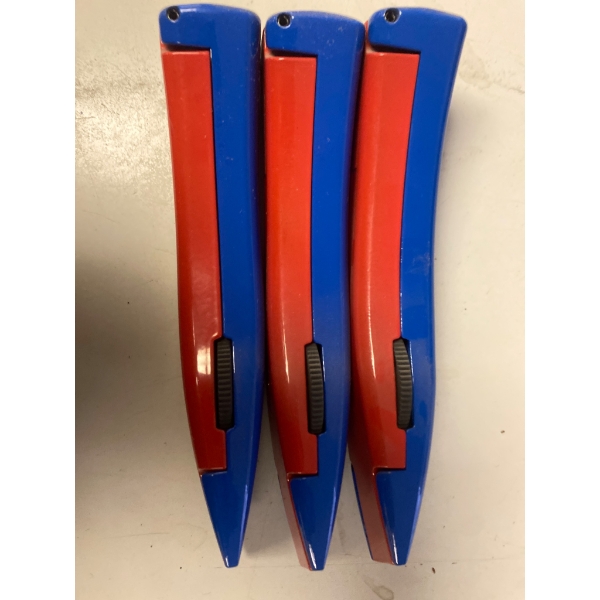 Three Red and Blue Utility Knives with Sliding Blade Action