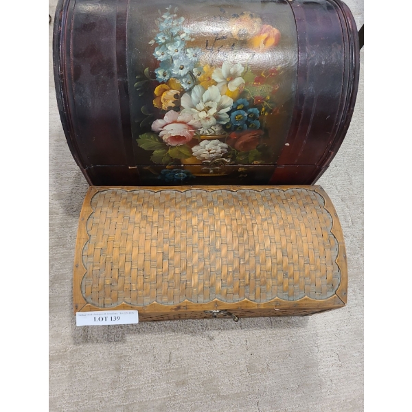 2 Decorative Floral Trunks & Basket w Lid.  Lg Trunk 19 w 13 1/2 d 18 h.  Basket 18 1/2 w 10 d 9 1/2