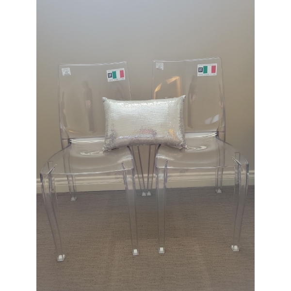 Italian Made Clear Accent Chairs w/ Decorative Metallic Pillow 23T 