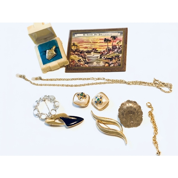 Vintage Jewelry Set Including Necklaces, Brooches, Earrings, and Compact