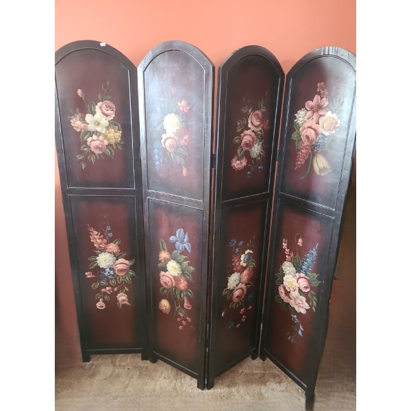 4 Panel Room Divider w/ Painted Flowers- Each Panel 16 W X 70 T 