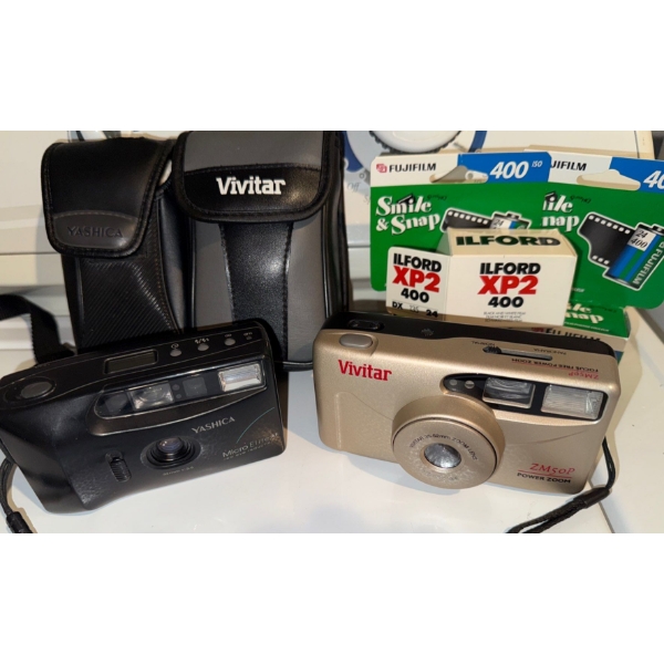 Yashica & Vivitar Film Loading Cameras w/ Film Rolls in Carrying Cases