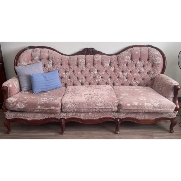 Art Nouveau Mahogany Couch With Carved Floral Accents 79 x 29 x 39H