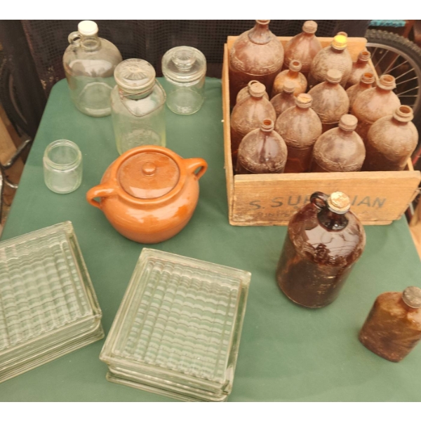 Glass Bottles, Jars, Square Glass Blocks and Ceramic Teapot
