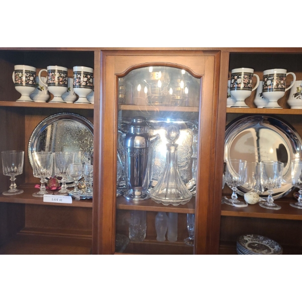 Contents of Cabinet, Silver Plated Trays, Decanter, Glasses, Cups & more