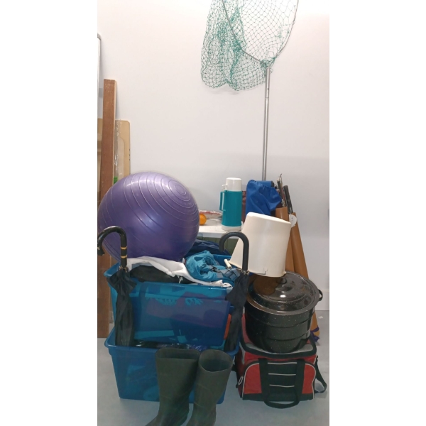 Collection of Outdoor & Camping Items  Pots, Rubber Boots, Coolers, Bucket, Fish Net, Yoga Ball, Umb