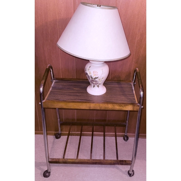 Rolling Metal and Wood Bar Cart with Ceramic Floral Table Lamp