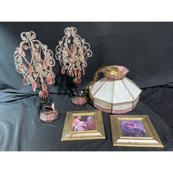 Ornate Pink Bedside Lamps, Hanging Lamp, and