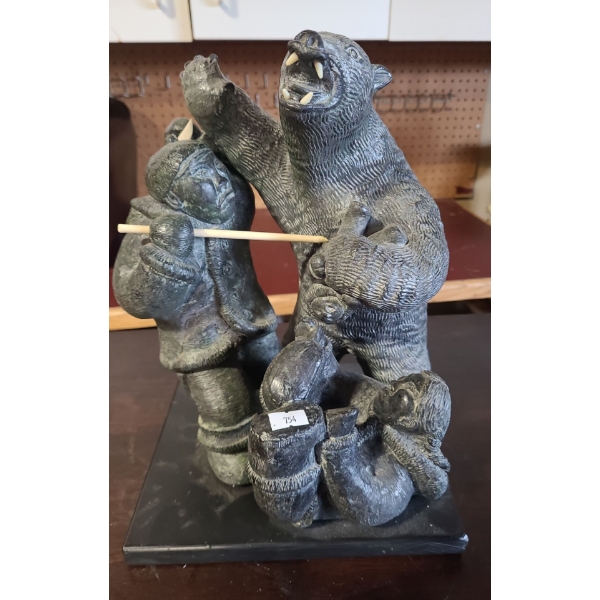 Wolf Original Soapstone Carving of Polar Bear and Hunters 13 T, 9 L, 8 W