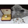 Image 2 : Royal Albert Porcelain Flower Brooch In Original Case + Gemstone Jewelry & Crystal Lion 4" Tall