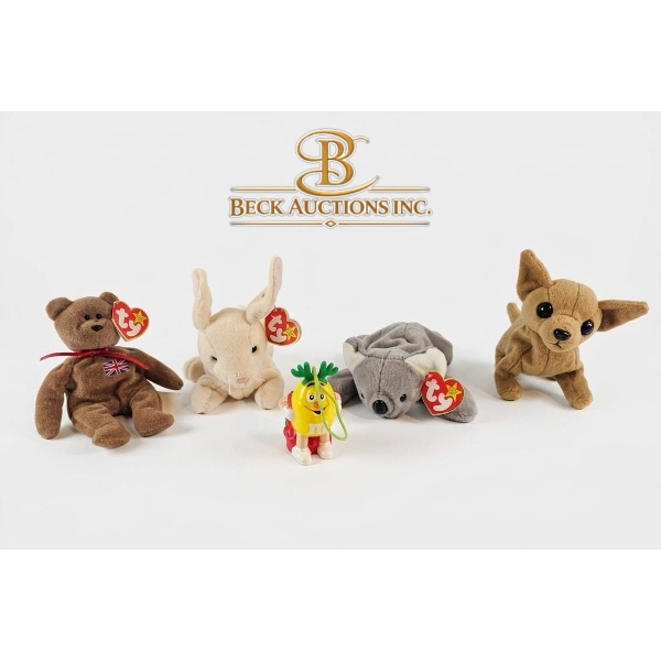 Vintage Collectible Plush Toys Ty Beanie Babies Brown Bear, Beige Rabbit, Gray Koala, Brown Dog 1990