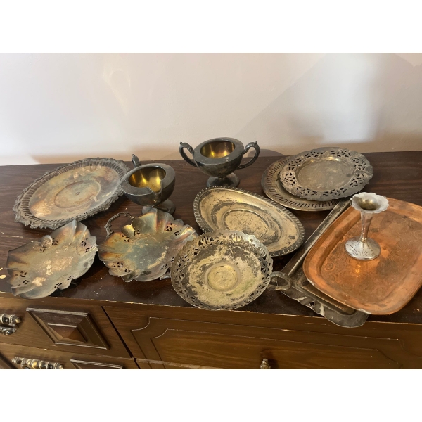 copper and silver plated dishes, and serving trays