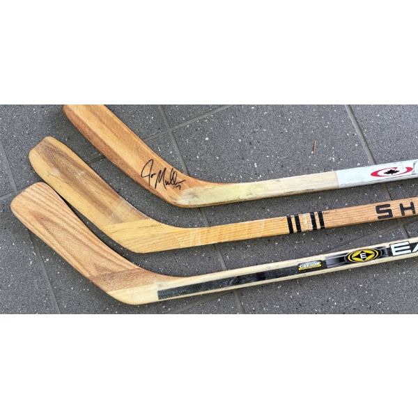 Three Wooden Hockey Sticks with One Signed Joe Mullen?