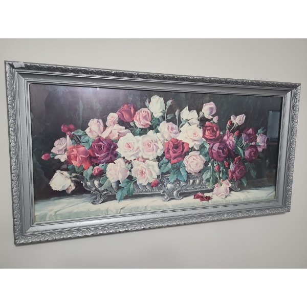 Framed Print of Roses Under Glass 33 X 17, Signature Illegible 