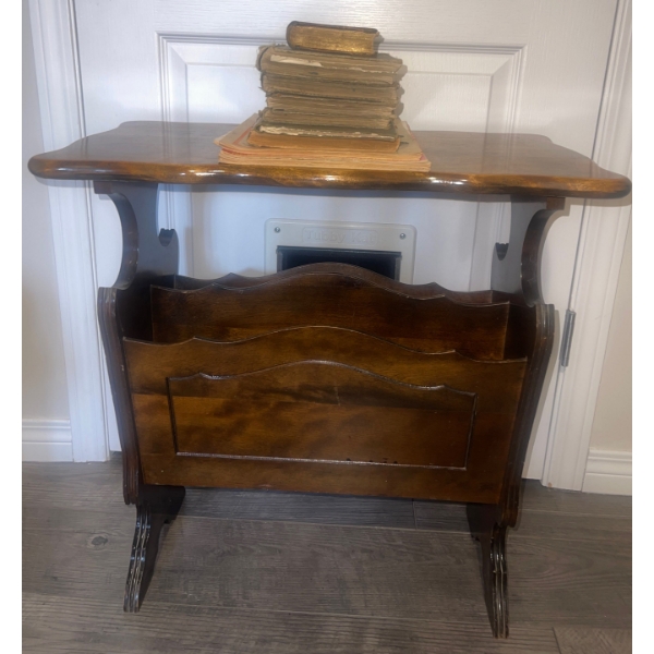 Antique British Walnut Chairside Magazine Rack w/ Antique Academic Reads 24x13x24