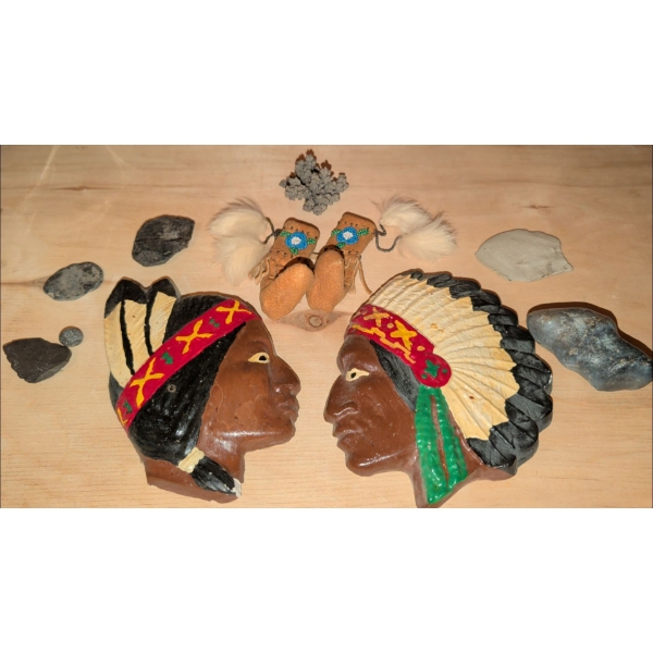 Miniature Genuine Leather Mukluks Vintage Chalkware Plaques Flat Skipping Rocks & More