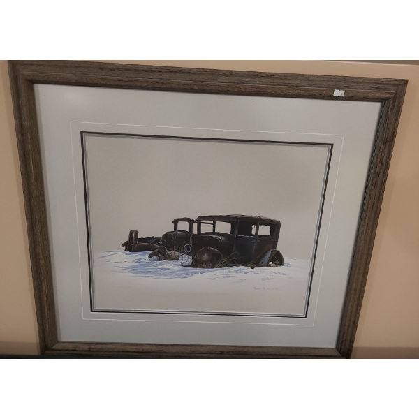 Print of Old Car, Artist Barry Butts '92, 32.5 X 28.5, Framed Under Glass 